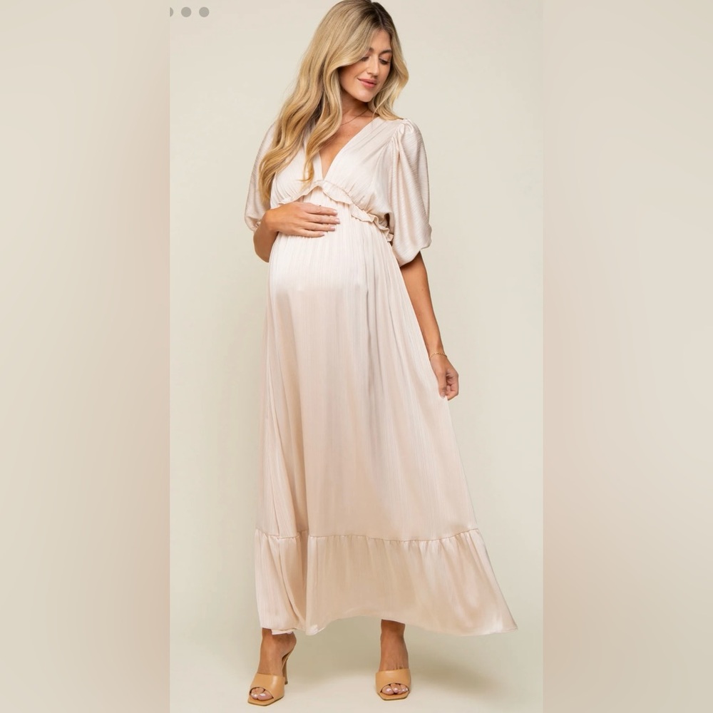 PinkBlush Maternity Beige Striped Ruffle Accent Maternity Maxi Dress Never Worn